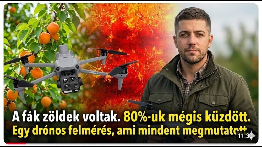 Kajsziültetvény: zöld fák, a korona 80%-a stresszben